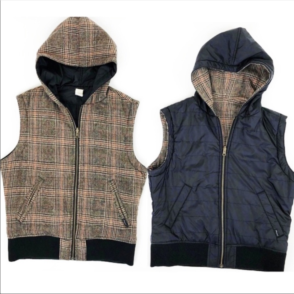 Prana, plaid hoodie jacket.  Reversible.